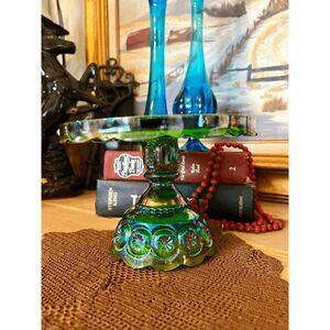 Weishar Glass Emerald Carnival Cake Plate Moon and Star 6 Inch Mini Pedestal Sta